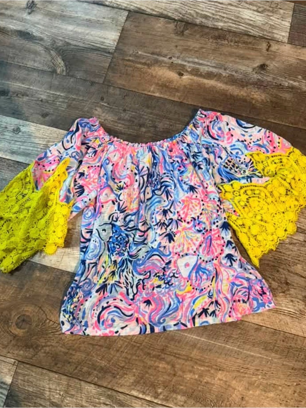 Lilly Pulitzer Bright Pink Multi print top with off the shoulder sleeves